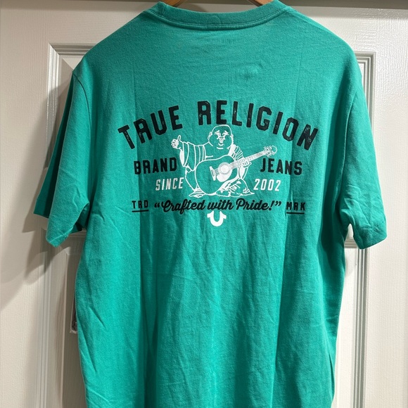 True Religion Medium Tshirt Turquoise Aqua Buddha with a Guitar Horseshoe Men’s - Picture 2 of 7
